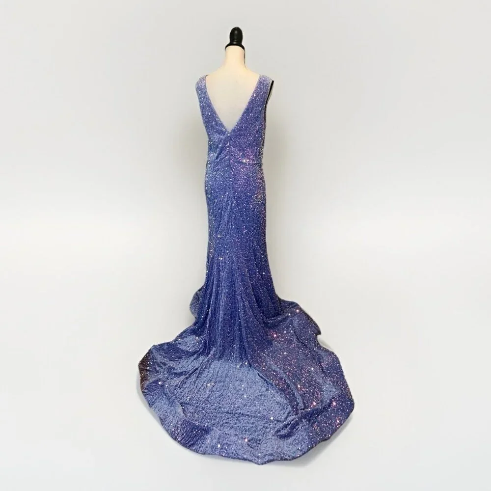 NWT Stacees Dress Women’s 12 Velvet Sequin V-Neck Trumpet/Mermaid Sweep Train - Picture 5 of 11